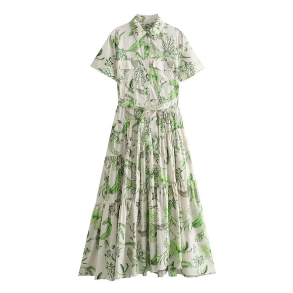 Zara Green and White Pleated Maxi Dress - Picture 1 of 6